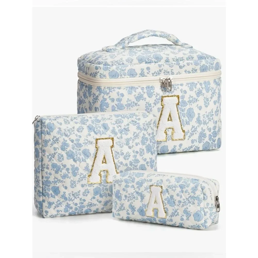 NEW Monogram Floral Cosmetic Set - Blue & White Letter A